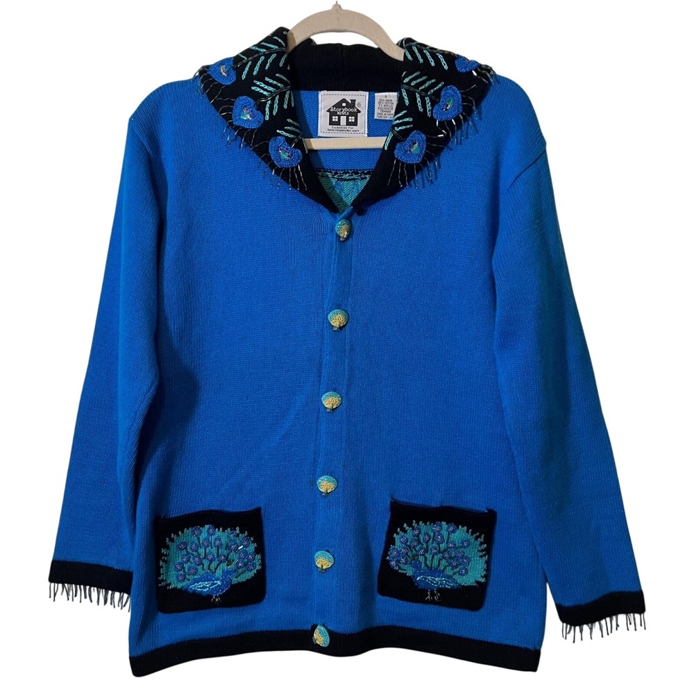 Storybook Knits Vintage Peacock Beaded Cardigan Sweater in Blue and‎ Teal